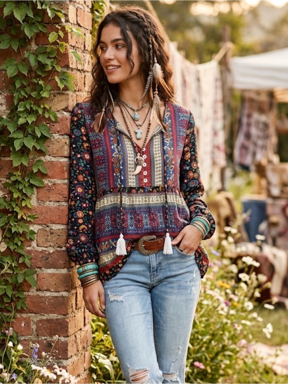Bohemian  Floral Long Sleeve Top L
